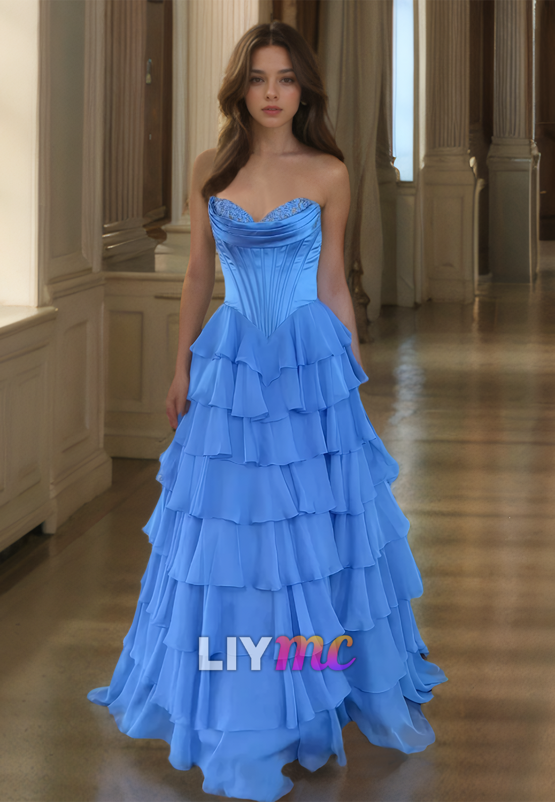 Sweetheart Strapless Tiered Pleated A-Line Prom Dress