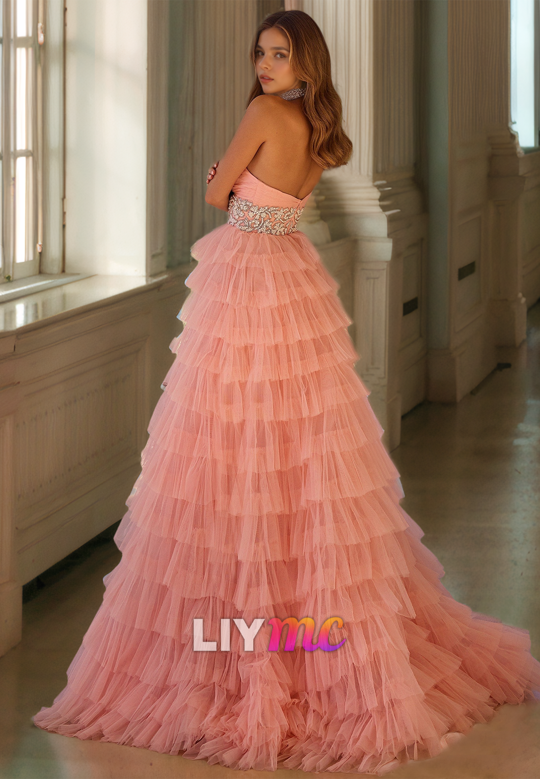 Sweetheart Strapless Tulle Tiered Side Slit Ball Gown Prom Dress