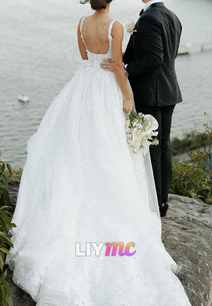 Sweetheart Straps Appliques A-Line Wedding Dress