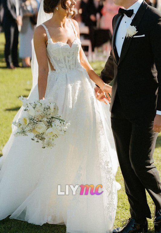 Sweetheart Straps Appliques A-Line Wedding Dress