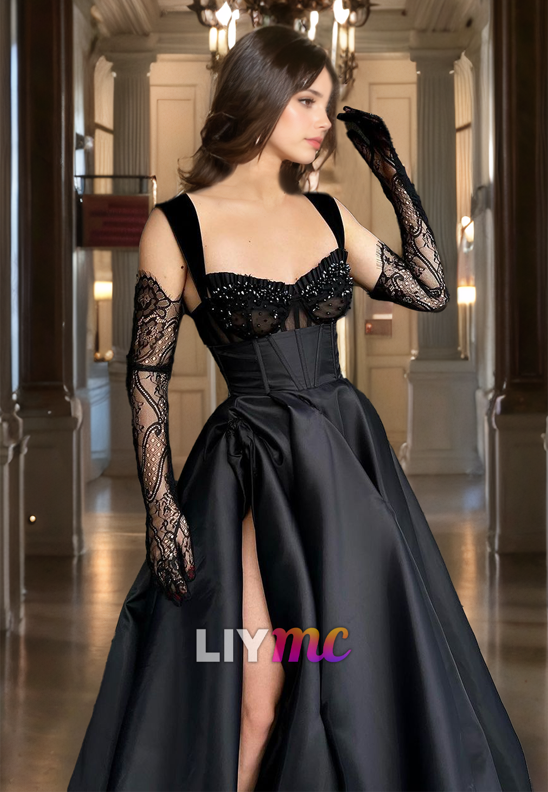 LP314 - A-Line V-Neck Beaded Lace Satin Long Prom Evening Dress