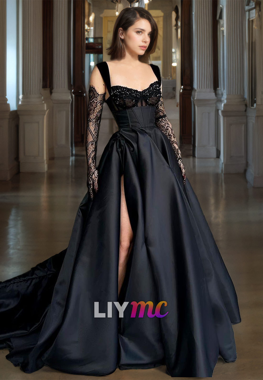 LP314 - A-Line V-Neck Beaded Lace Satin Long Prom Evening Dress