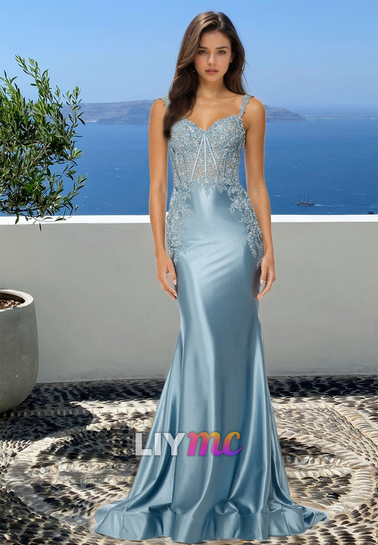 Sweetheart Straps Appliques Sequins Sleek Mermaid Prom Dress