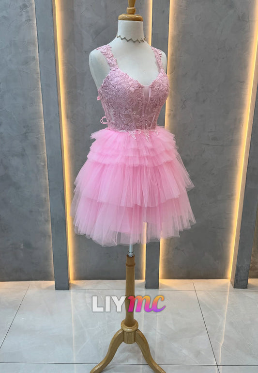 Sweetheart Straps Appliques Tiered A-Line Party Homecoming Dress
