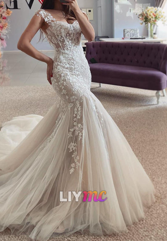 Sweetheart Straps Appliques Tulle Mermaid Wedding Dress