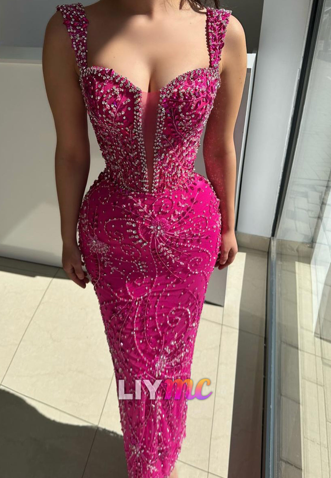 Sweetheart Straps Beaded Appliques Sheath Prom Dress