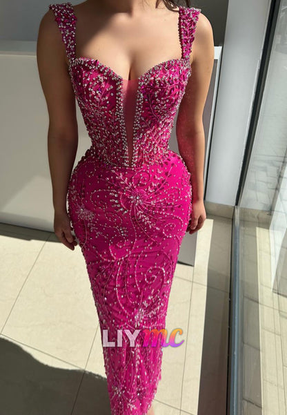 Sweetheart Straps Beaded Appliques Sheath Prom Dress