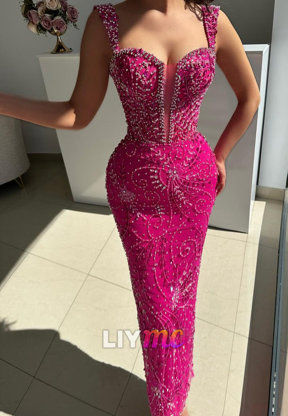 Sweetheart Straps Beaded Appliques Sheath Prom Dress