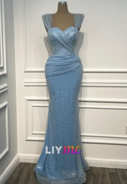 Sweetheart Straps Beaded Embroidery Pleated Mermaid Prom Dress