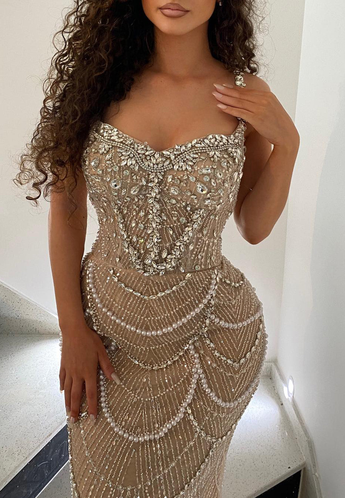 Sweetheart Straps Beaded Embroidery Sparkly Prom Dress