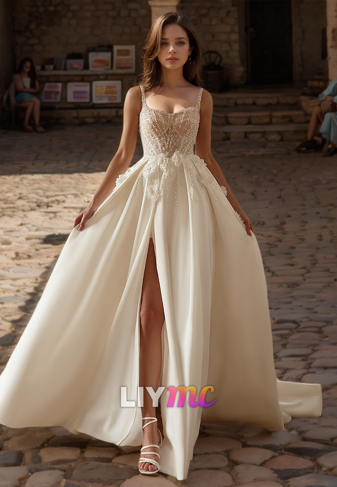 Sweetheart Straps Beaded Floral Embellished Pleated A-Line Wedding Dress