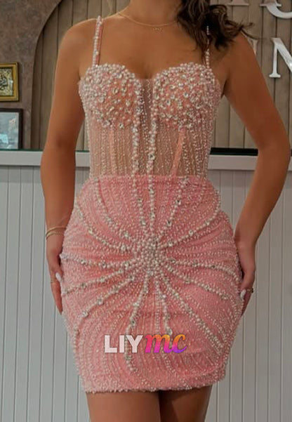 Sweetheart Straps Beaded Pearl Sheath Party Homecoming Dress