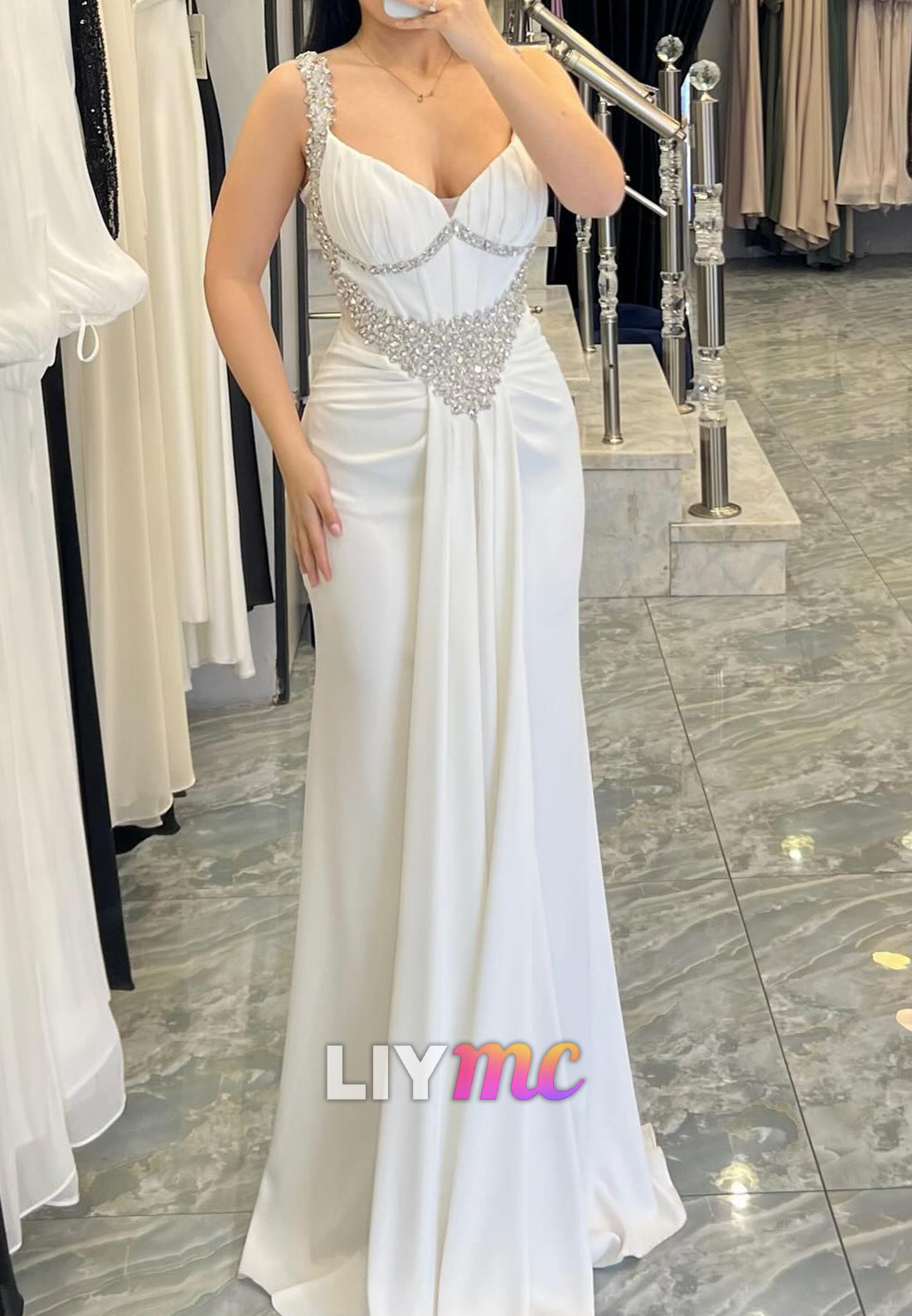 Sweetheart Straps Beaded  Pleated Mermaid Evening Dress