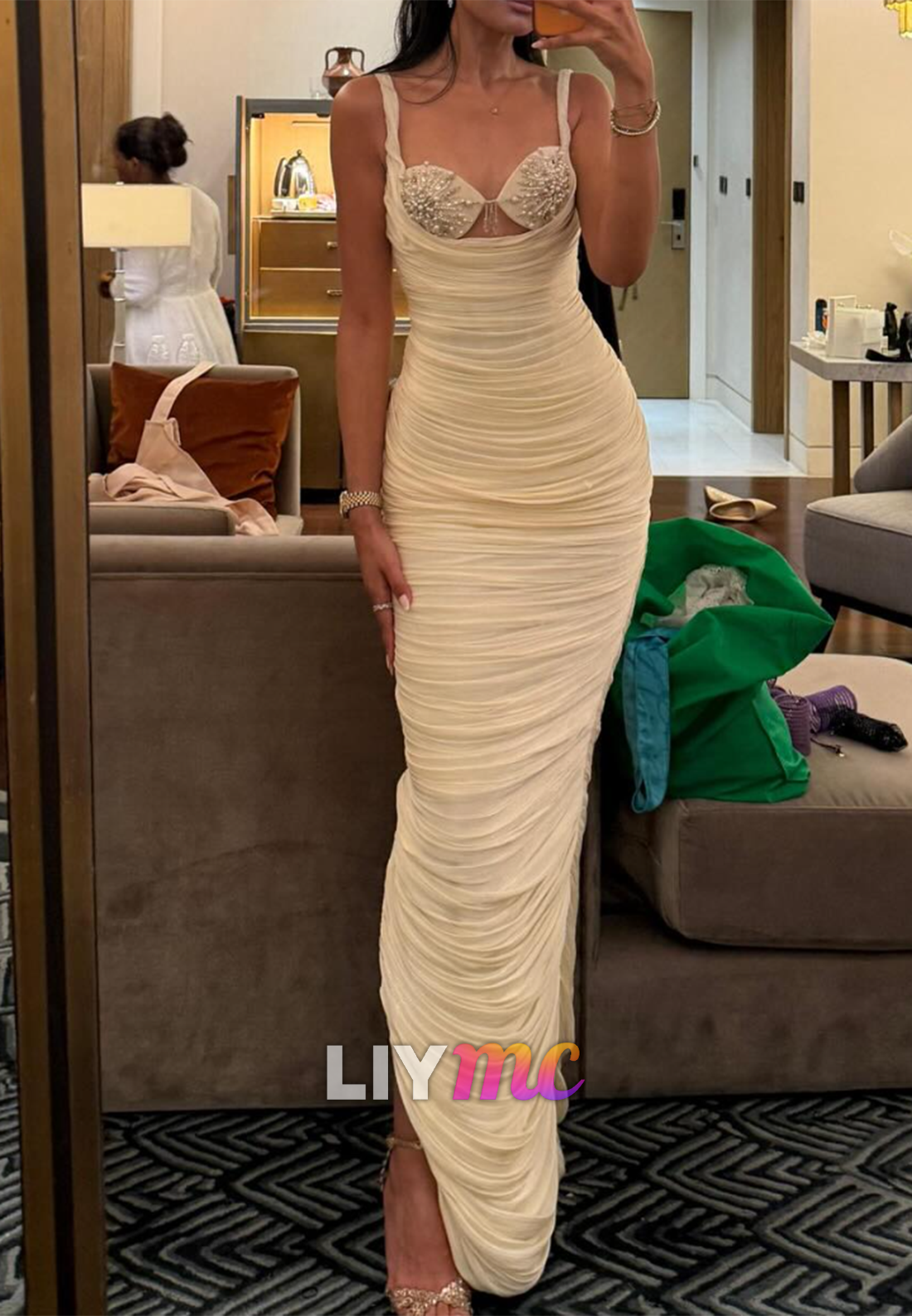 Sweetheart Straps Beaded Pleated Mermaid Evening Dress