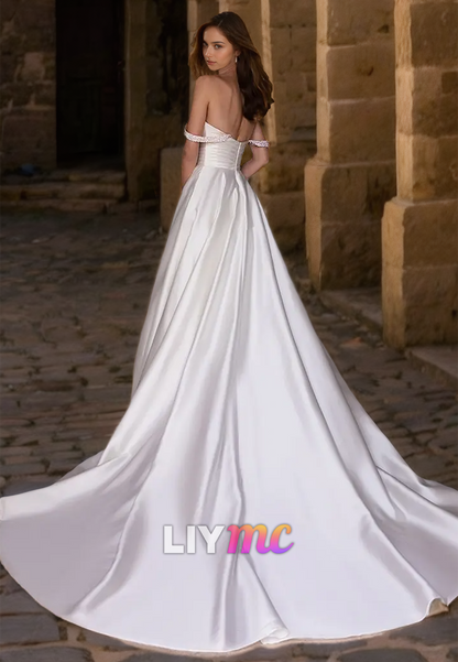 Sweetheart Straps Beaded Pleated Satin A-Line Wedding Dress