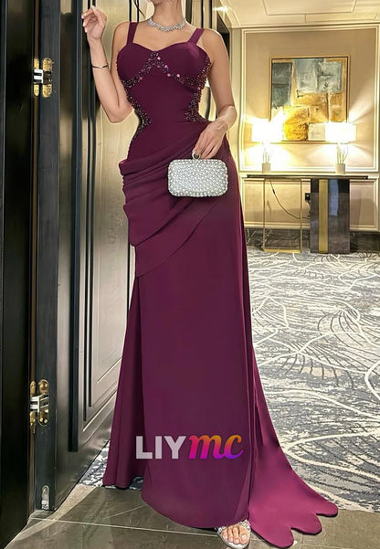 Sweetheart Straps Beaded Pleated Sheath Evening Dress