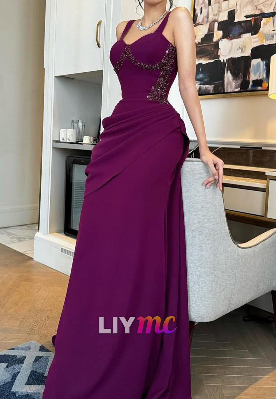 Sweetheart Straps Beaded Pleated Sheath Evening Dress