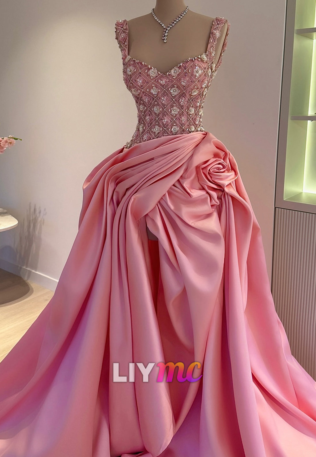 Sweetheart Straps Beaded Ruched Satin A-Line Prom Dress