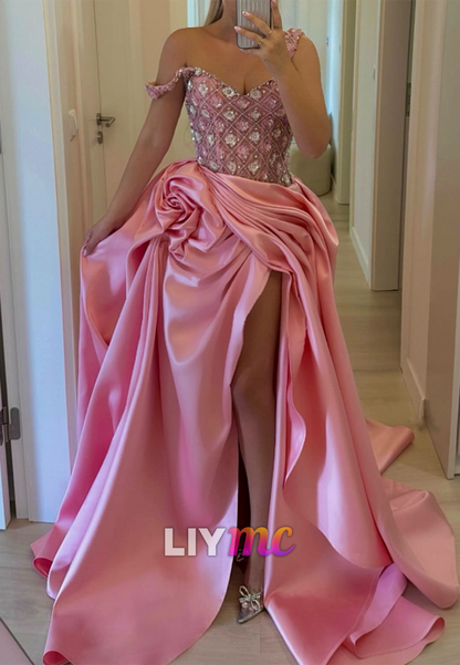 Sweetheart Straps Beaded Ruched Satin A-Line Prom Dress