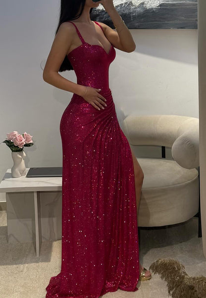 Sweetheart Straps Sparkly Pleated Sheath Prom Dress