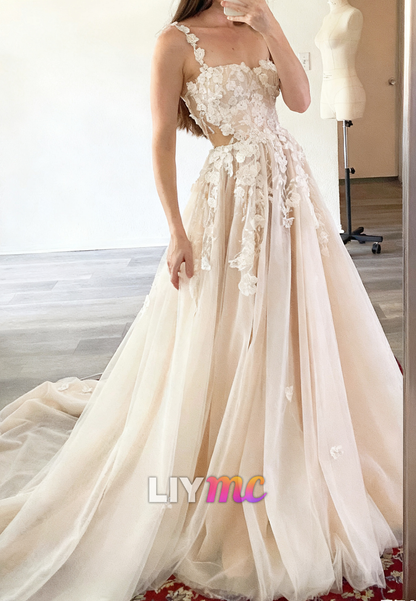 Sweetheart Straps Floral Appliques A-Line Wedding Dress