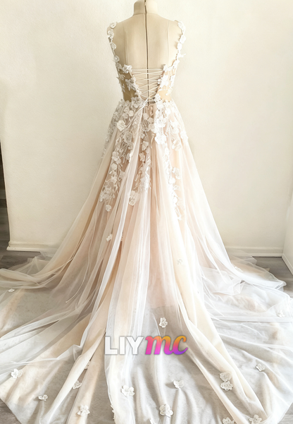 Sweetheart Straps Floral Appliques A-Line Wedding Dress