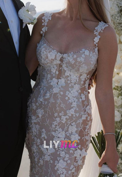 Sweetheart Straps Floral Appliques Mermaid Wedding Dress