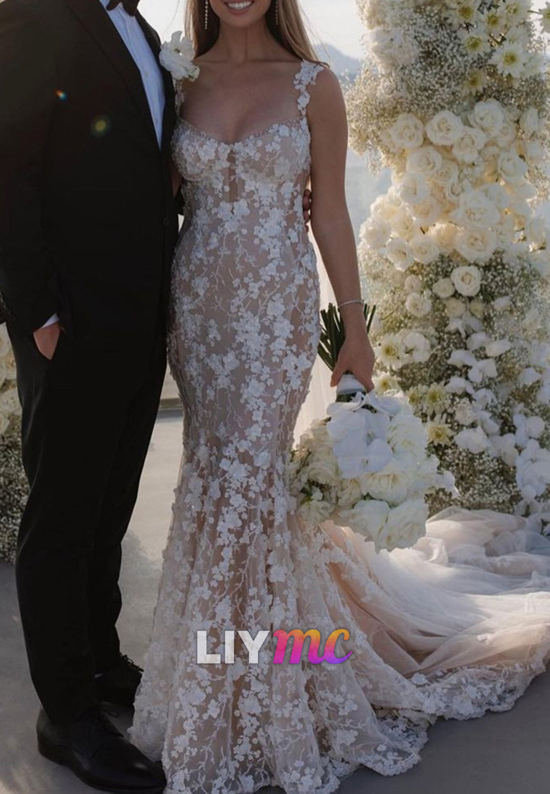 Sweetheart Straps Floral Appliques Mermaid Wedding Dress