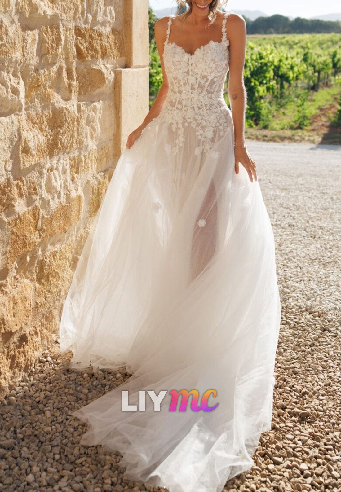 Sweetheart Straps Floral Appliques Tulle A-Line Wedding Dress