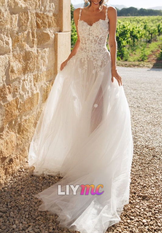 Sweetheart Straps Floral Appliques Tulle A-Line Wedding Dress