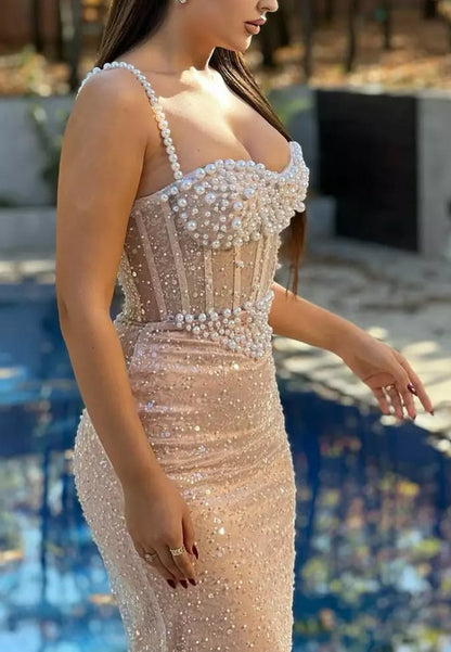 Sweetheart Straps Pearl Beaded Emboridery Mermaid Prom Dress