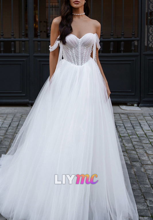 Sweetheart Straps Pearl Pleated Tulle A-Line Wedding Dress