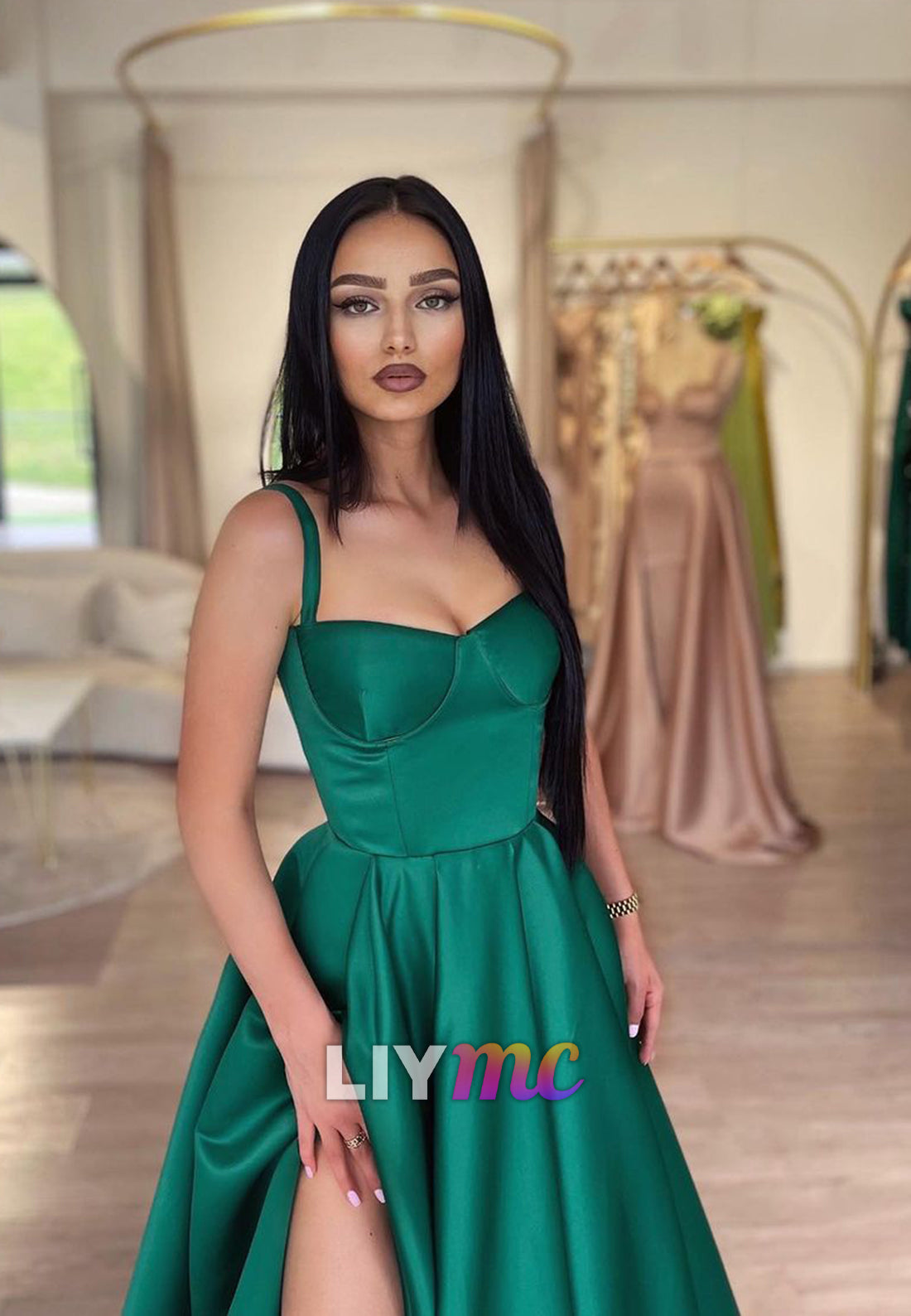 LP873 - A line Sweetheart Green Satin Elegant Long Formal Prom Dress with Pockets