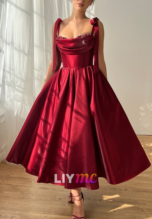 Sweetheart Straps Pleated A-Line Midi Prom Dress