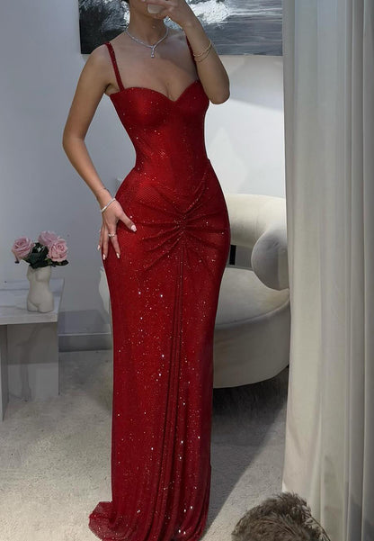 Sweetheart Straps Pleated Sparkly Prom Dress