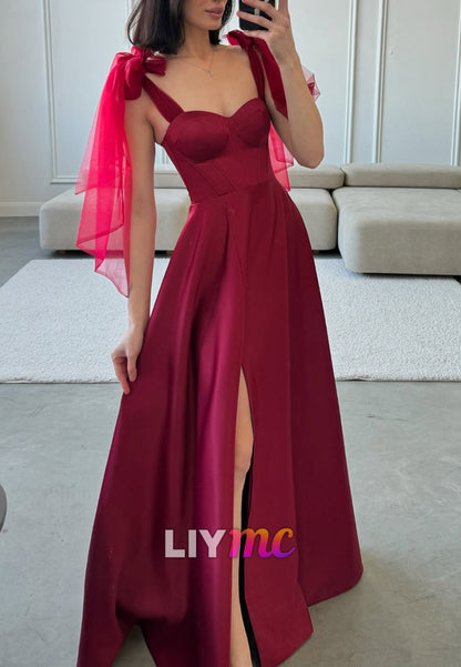 Sweetheart Straps Satin Side Slit A-Line Prom Dress