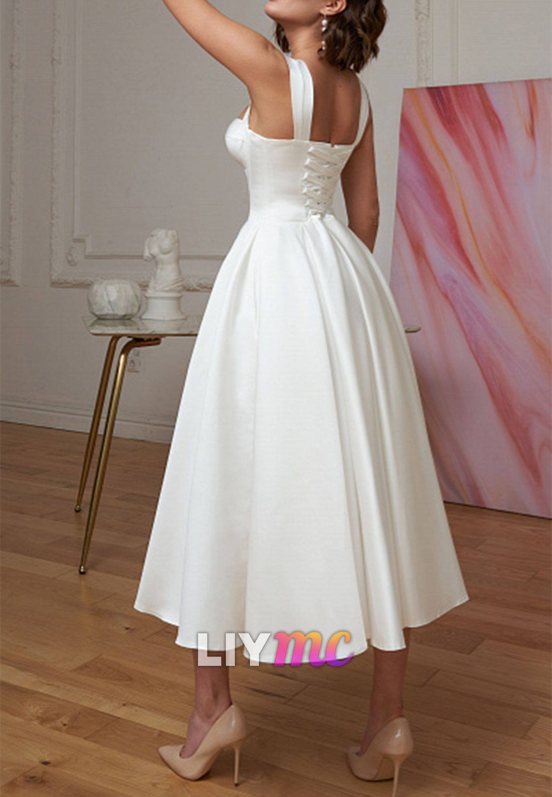 Sweetheart Straps Sleek Pleated A-Line Midi Wedding Dress