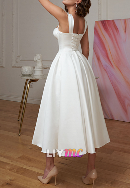 Sweetheart Straps Sleek Pleated A-Line Midi Wedding Dress