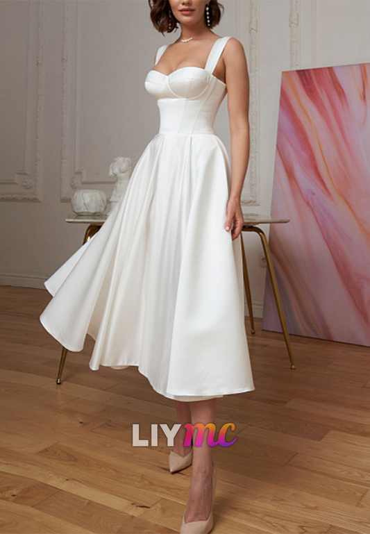 Sweetheart Straps Sleek Pleated A-Line Midi Wedding Dress