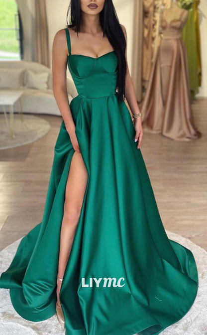 LP2046 - Sweetheart Straps Sleek Satin Side Slit A-Line Prom Dress