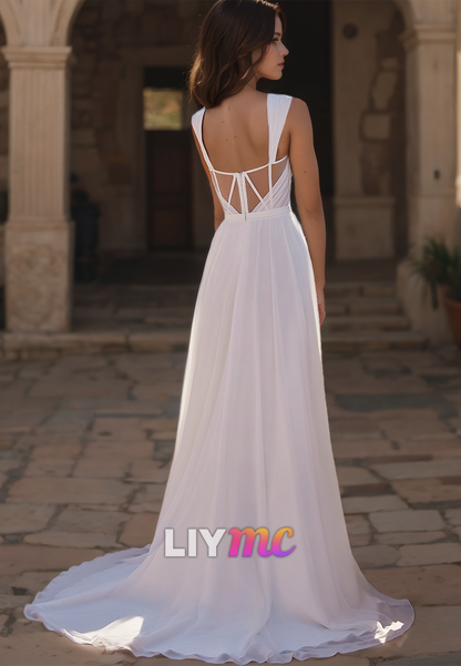 Sweetheart Straps Sleeveless Pleated Side Slit A-Line Beach Wedding Dress