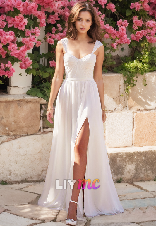 Sweetheart Straps Sleeveless Pleated Side Slit A-Line Beach Wedding Dress