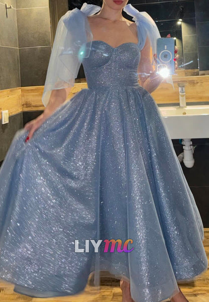 Sweetheart Straps Sparkly A-Line Steel Blue Prom Dress