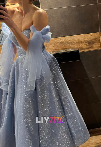 Sweetheart Straps Sparkly A-Line Steel Blue Prom Dress