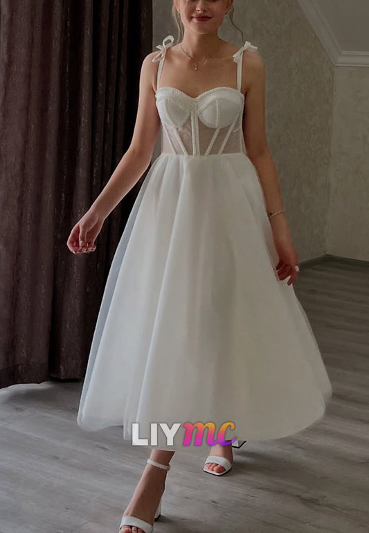 Sweetheart Straps Tulle A-Line Midi Wedding Dress