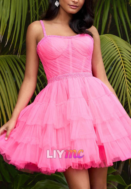 Sweetheart Straps Tulle Tiered Ball Gown Party Homecoming Dress