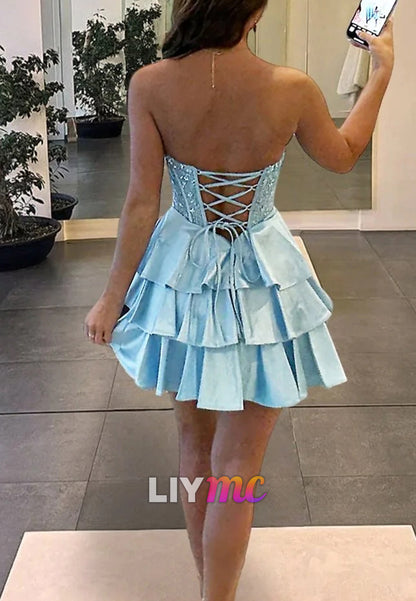 Sweetheart Tiered Beaded Sleeveless A-Line Party Homecoming Dress