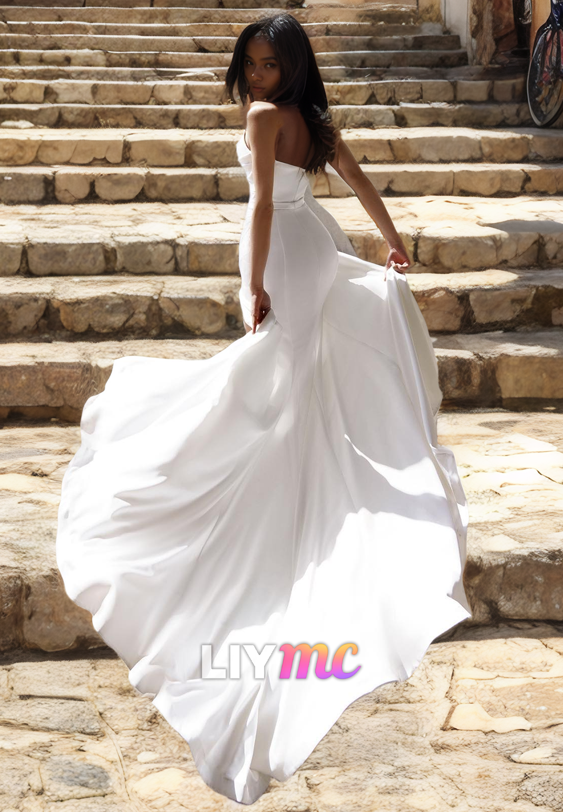 LW863 - Sweetheart Sleeveless Beaded Pleated Side Slit Sleek Satin Beach Wedding Dress