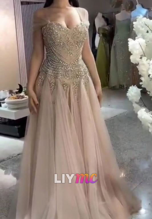 Sweetheart Cap Sleeves Beaded Tulle A-Line Prom Dress