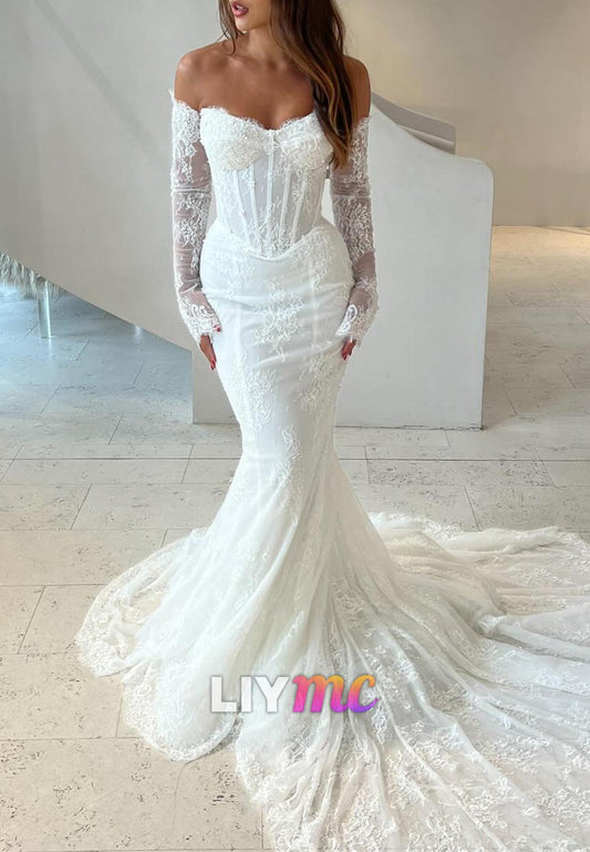 Swetheart Long Sleeves Lace Appliques Mermaid Wedding Dress
